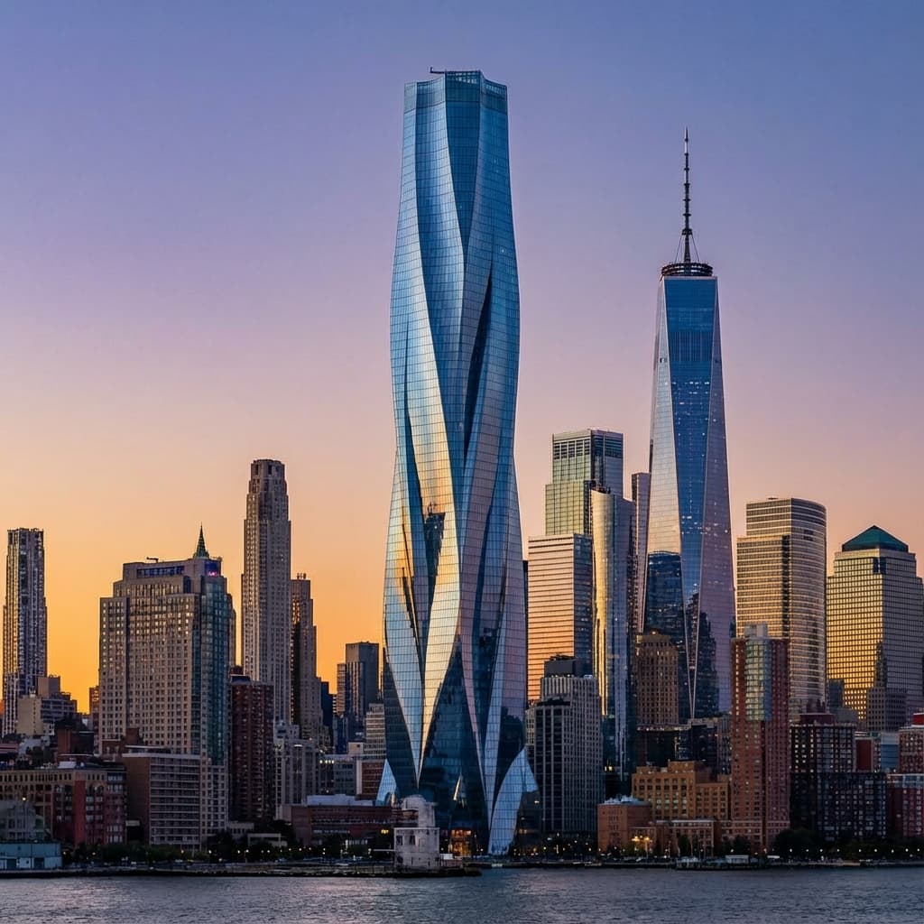 design a high rise tower in middle of newyork nex to water. the tower is the tallest tower in newyork. it is inspired by a woman dancing. with curves and creases all made of reflective glass panels. a dancing tower. an imgae from distance of all towers of newyork with this tower being in middle of image highlighted. hyperrealistic photo. 