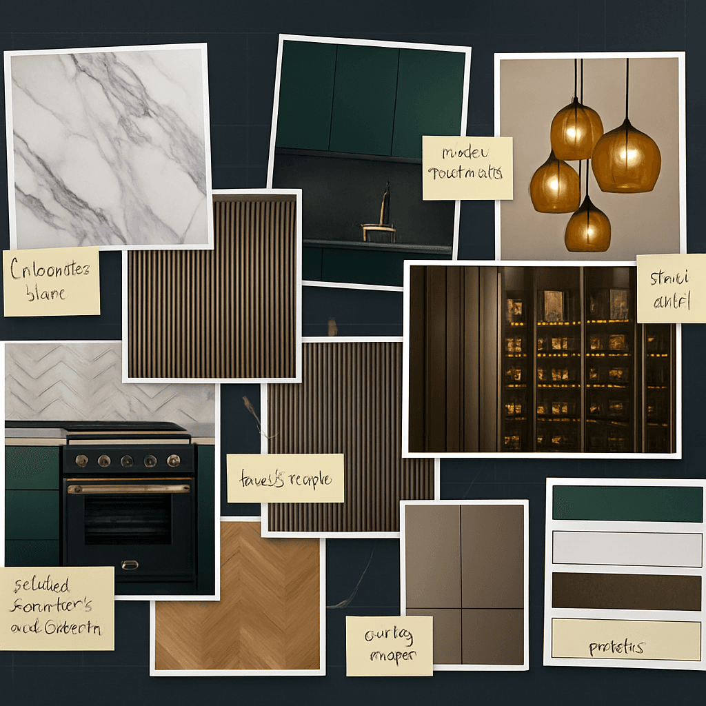 Sketch and reference moodboard for kitchen concept