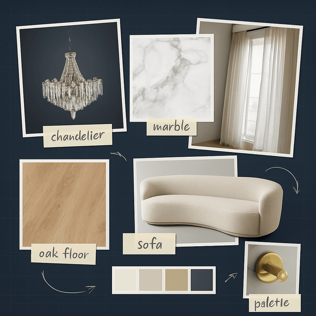 A finished living room moodboard built on the Canvas
